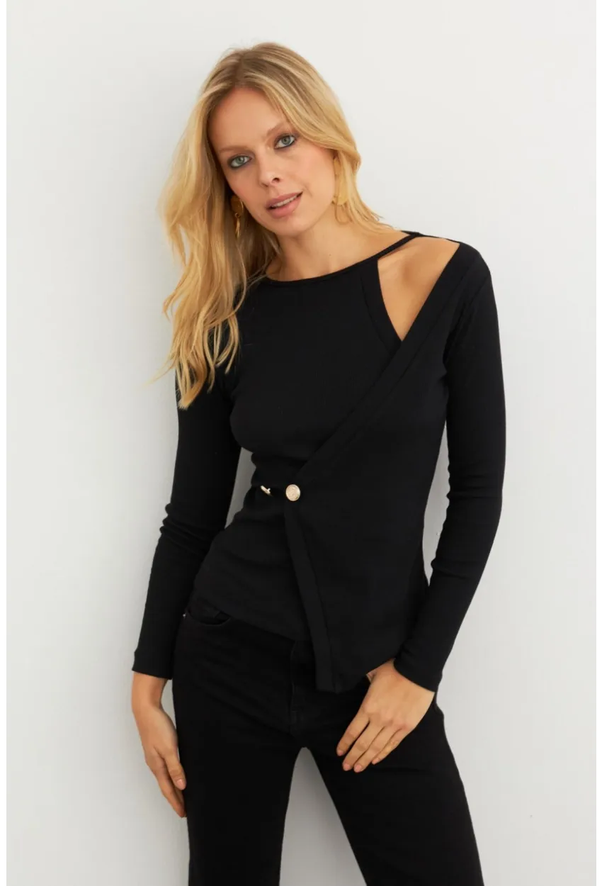 Kadın Siyah Düğme Detaylı Kruvaze Bluz EY3015