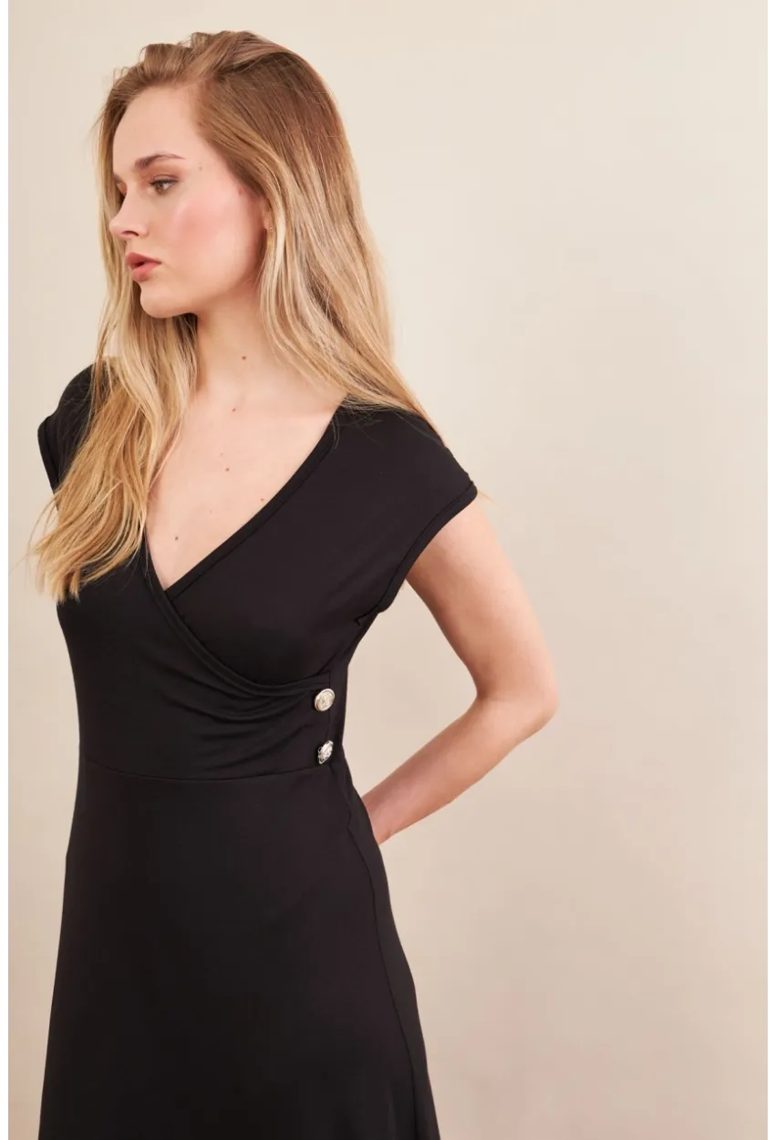 Kadın Siyah Düğme Detaylı Kruvaze Midi Elbise EY0011