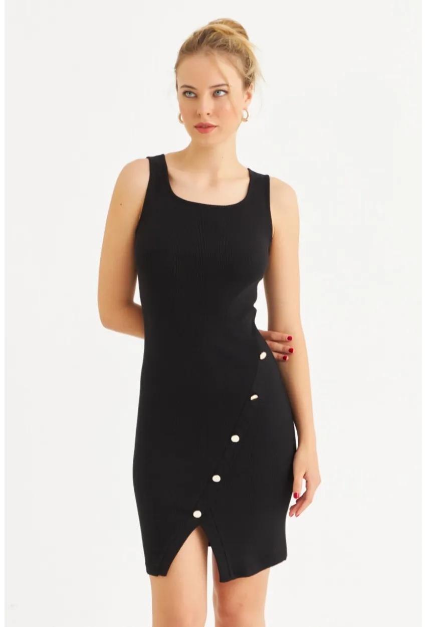 Kadın Siyah Düğme Detaylı Midi Elbise URO1111