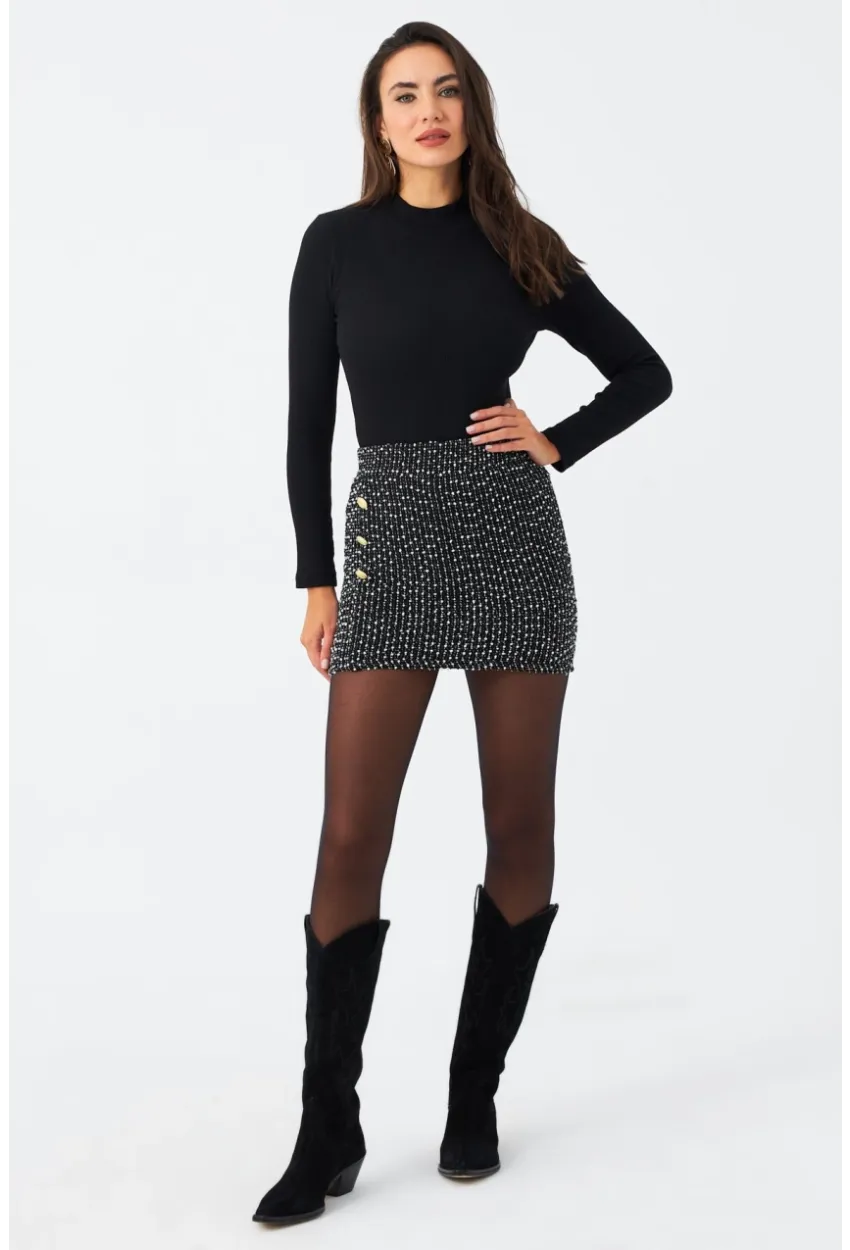 Kadın Siyah Düğme Detaylı Mini Etek RX447