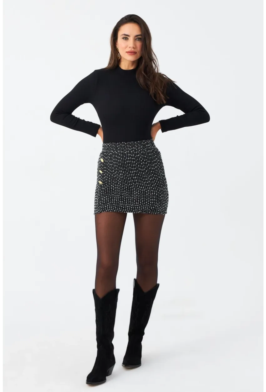 Kadın Siyah Düğme Detaylı Mini Etek RX447