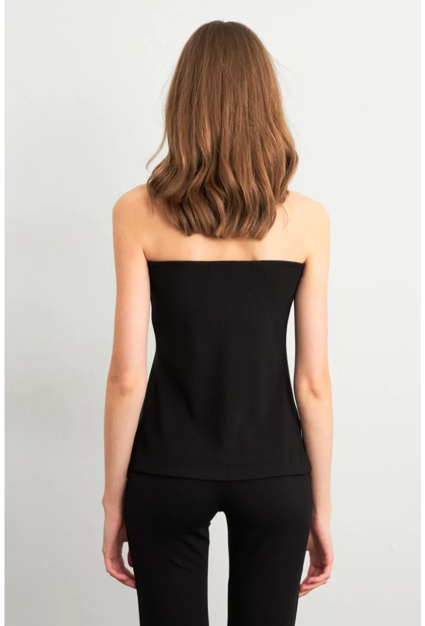 Kadın Siyah Düğme Detaylı Straplez Bluz CY355