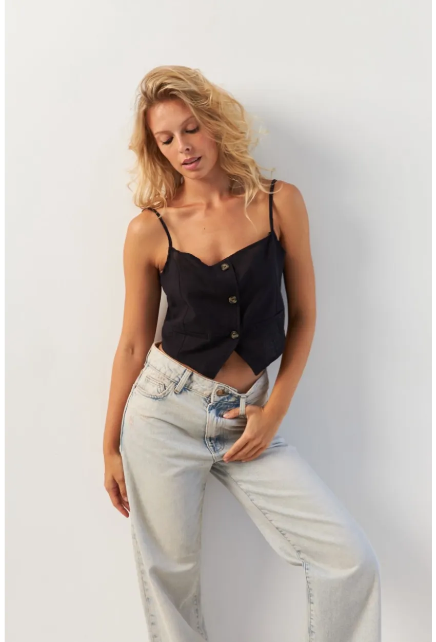 Kadın Siyah Düğmeli İp Askılı Yelek MP20153