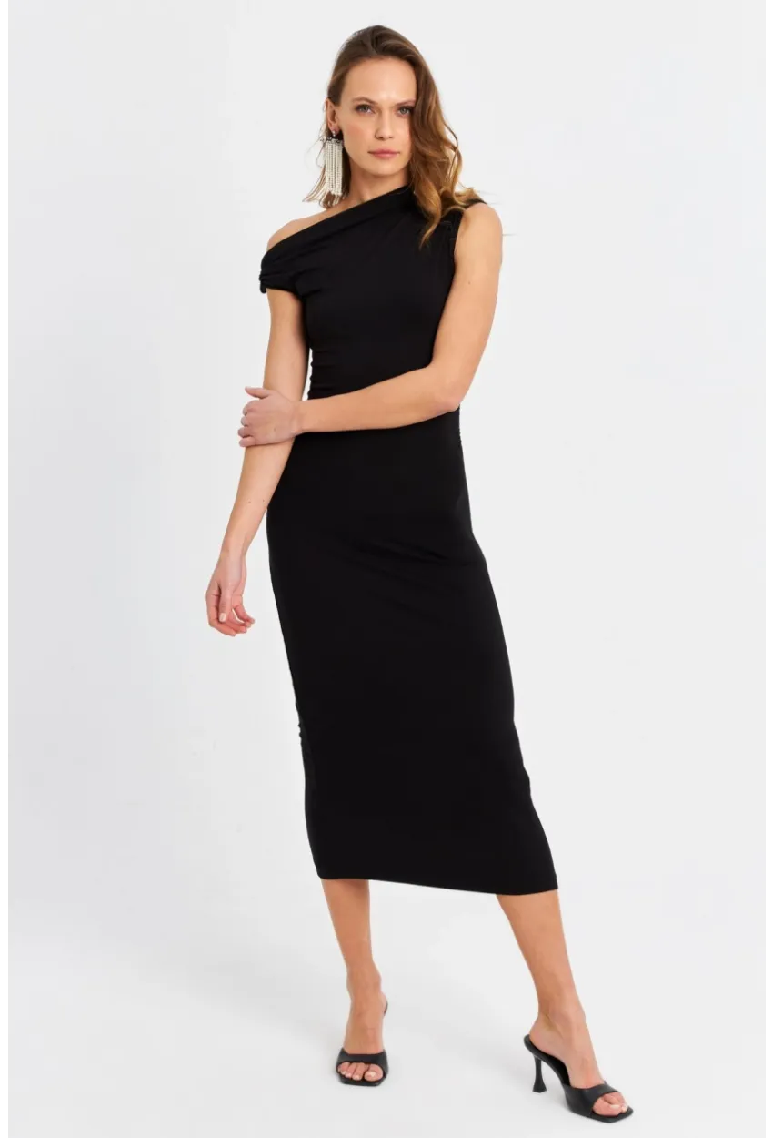 Kadın Siyah Düğümlü Midi Elbise EY3069