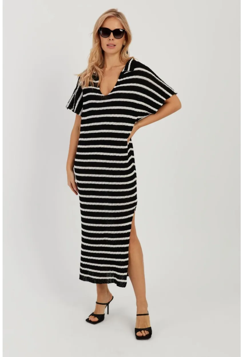 Kadın Siyah-Ekru Ajurlu Triko Midi Elbise YZ622