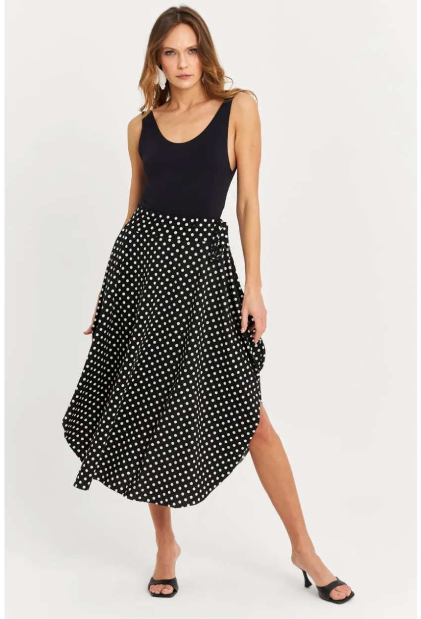 Kadın Siyah-Ekru Asimetrik Puantiyeli Etek LV81