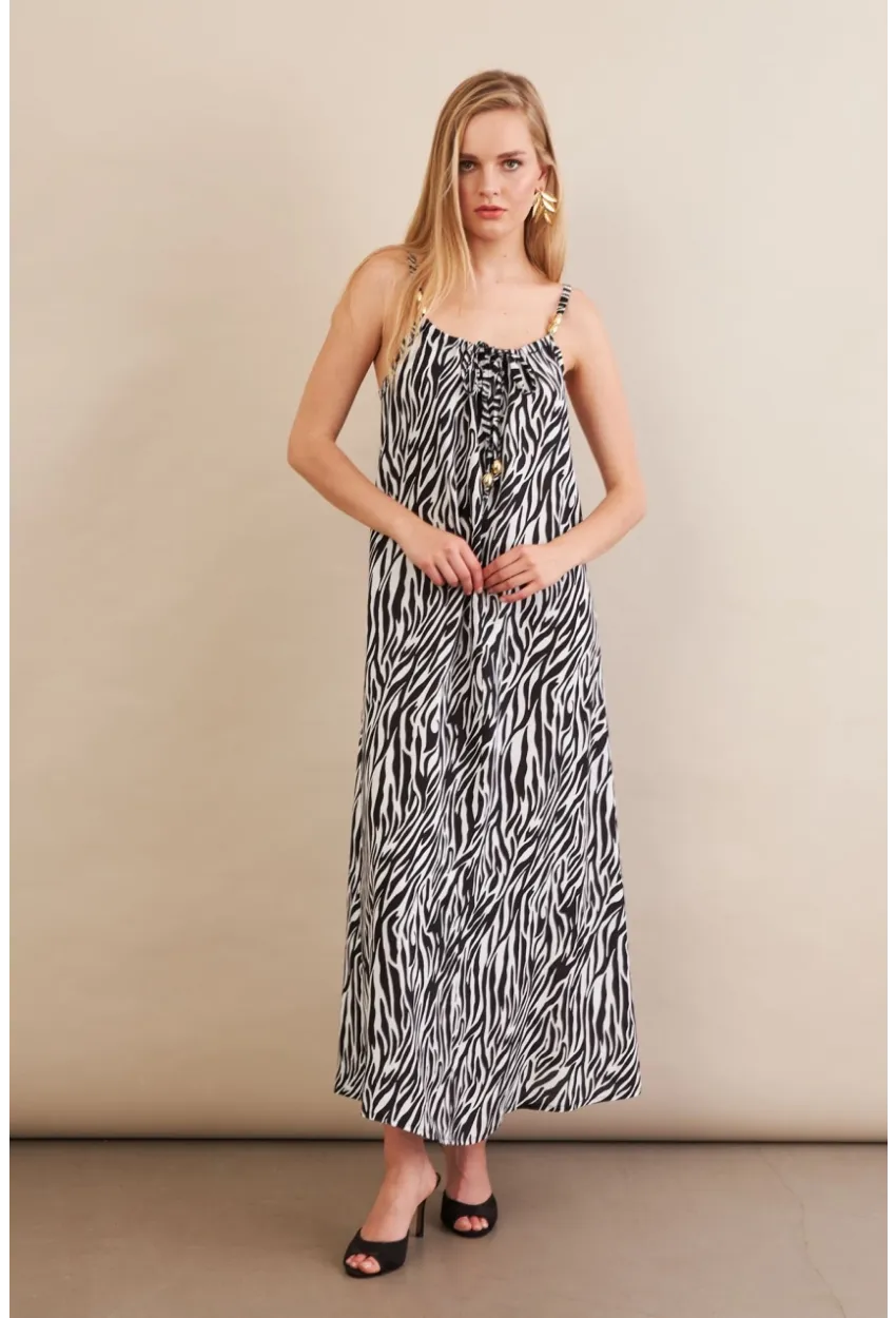 Kadın Siyah-Ekru Boyun Bağlamalı Midi Elbise AN6005