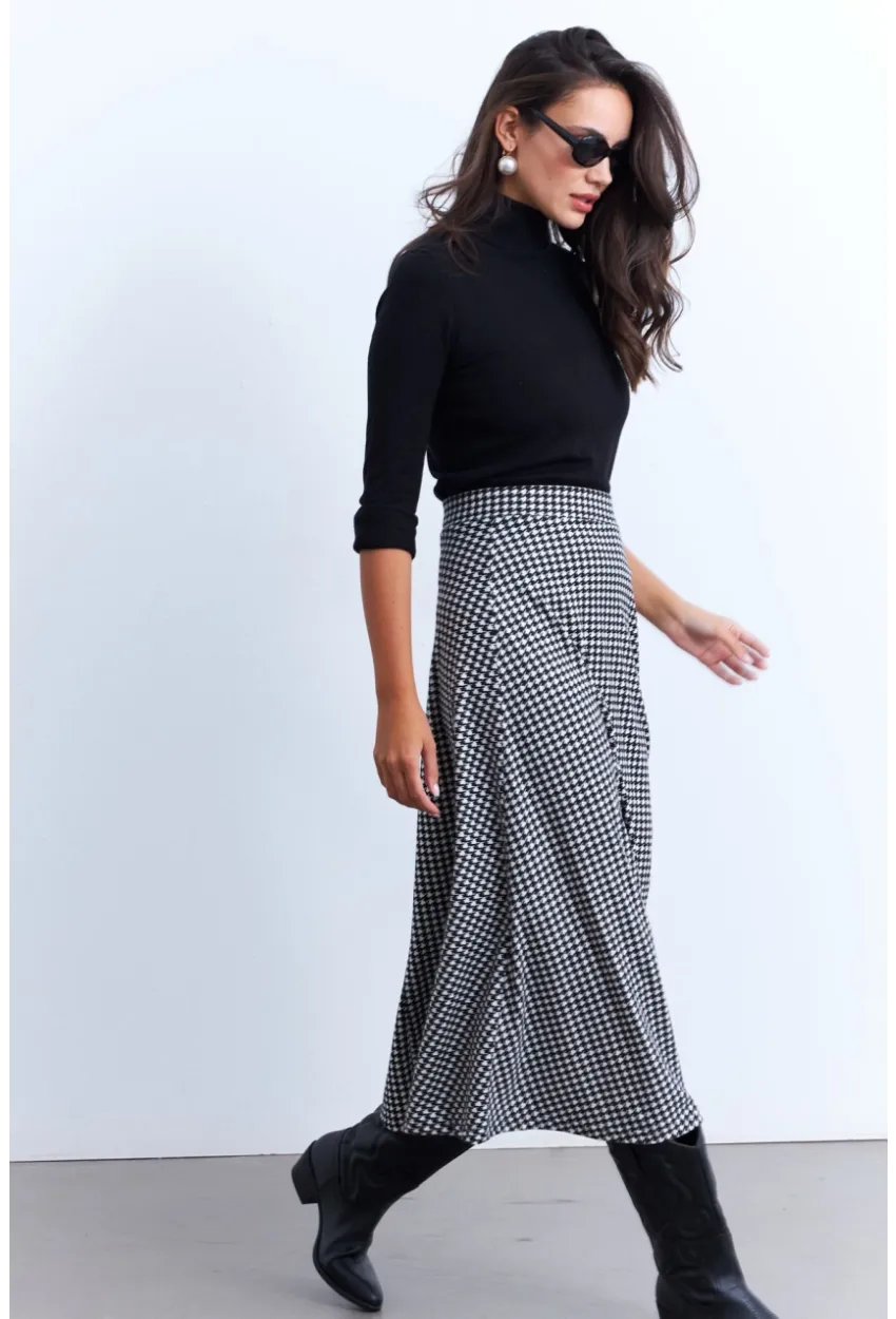 Kadın Siyah-Ekru Desenli Çan Etek LON3007