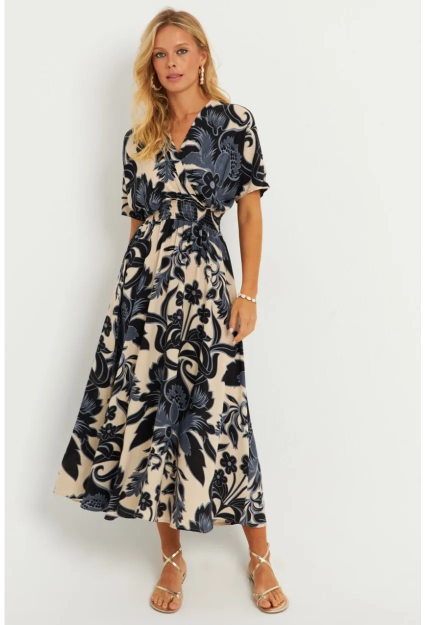 Kadın Siyah-Ekru Desenli Gipeli Midi Elbise YZ1055