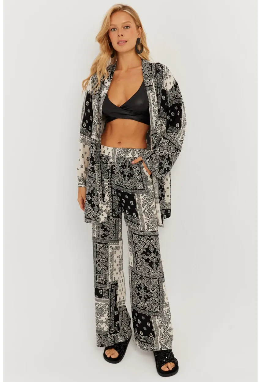 Kadın Siyah-Ekru Desenli Kimono Takım GÇ156