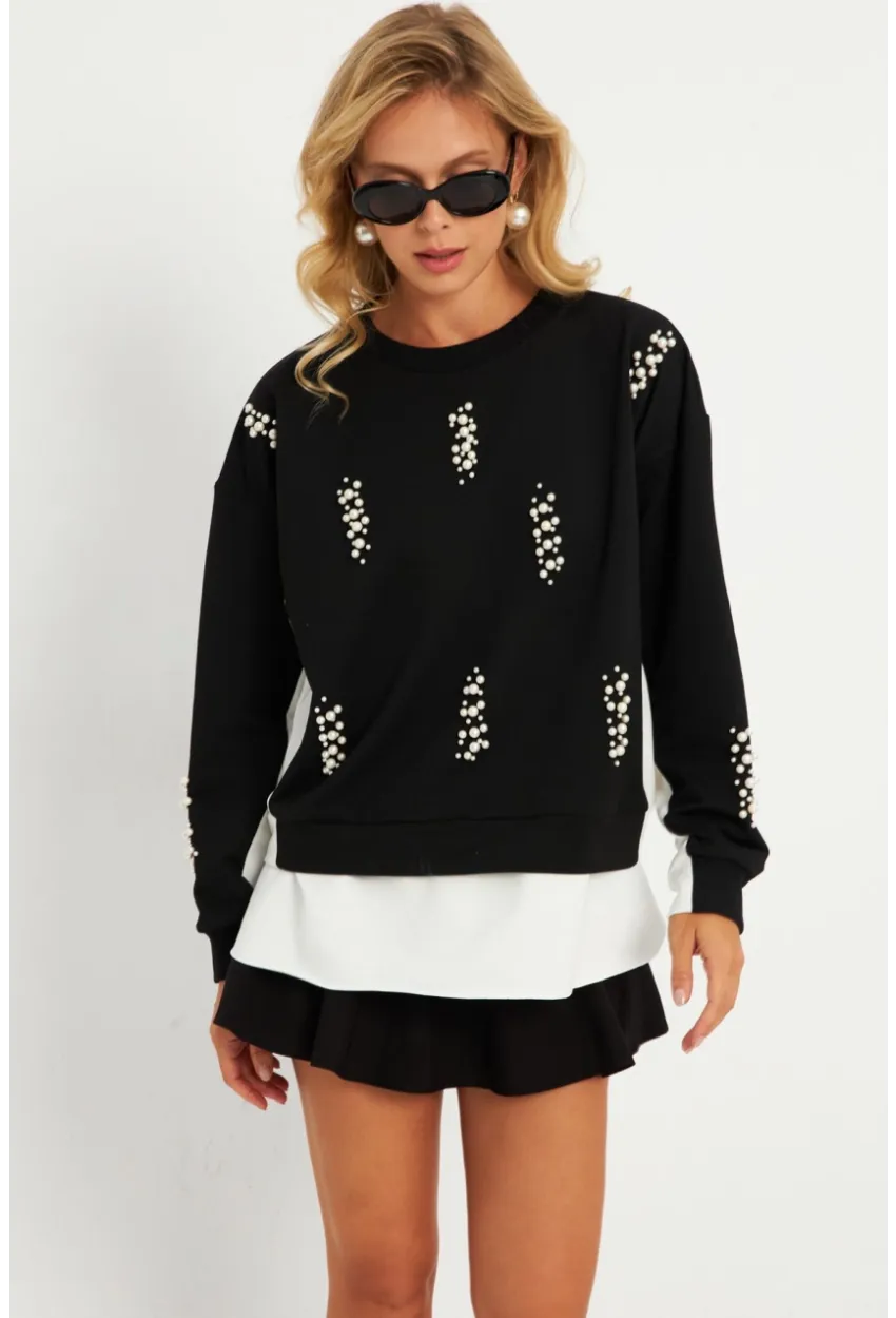 Kadın Siyah-Ekru İncili Sweatshirt MRLO01