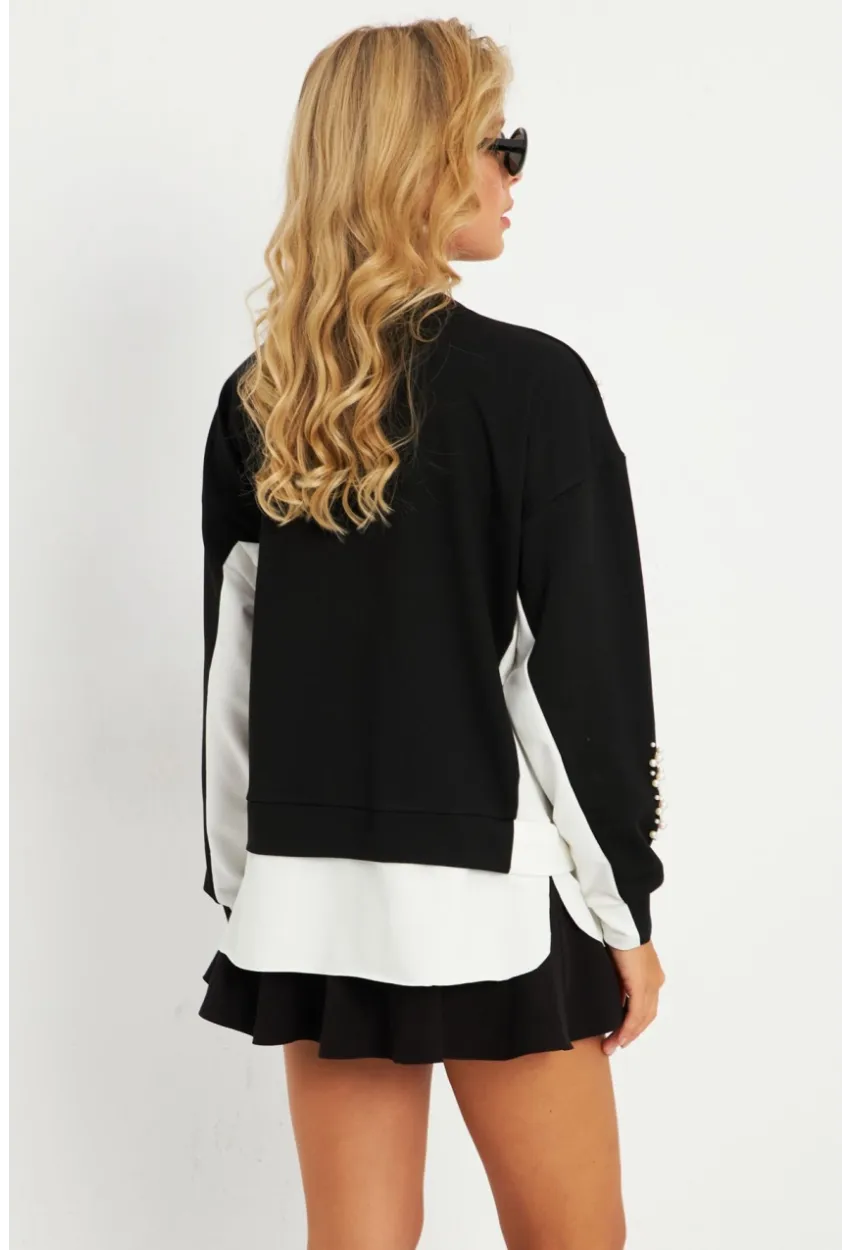 Kadın Siyah-Ekru İncili Sweatshirt MRLO01