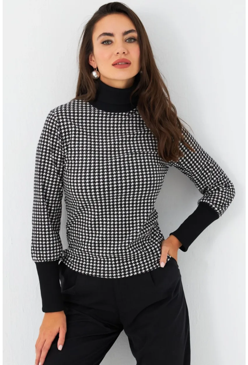 Kadın Siyah-Ekru Kazayağı Balıkçı Bluz EY2972