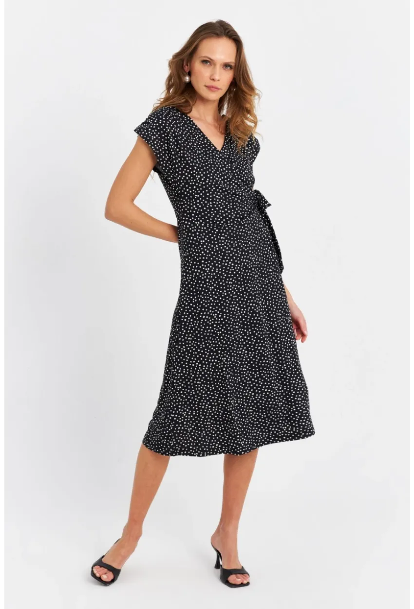 Kadın Siyah-Ekru Kruvaze Puantiyeli Midi Elbise EY3071