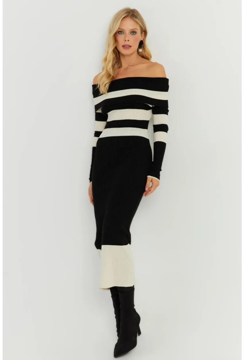 Kadın Siyah-Ekru Madonna Çizgili Triko Midi Elbise KED143