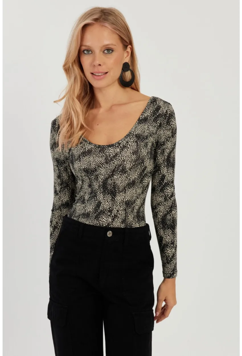 Kadın Siyah-Ekru Ön Arka U Desenli Bluz LPP1266