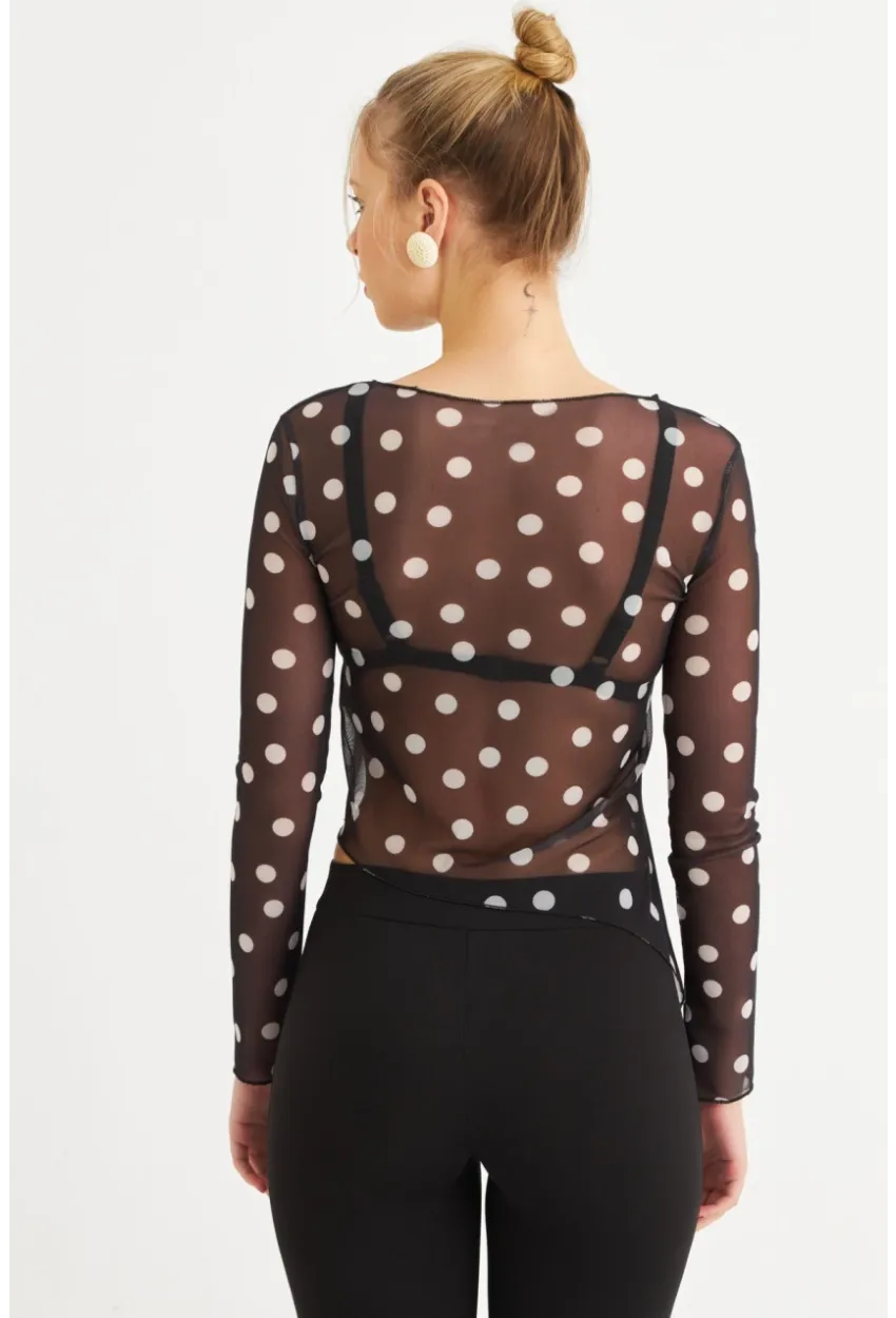 Kadın Siyah-Ekru Puantiyeli Tül Bluz RSP1740