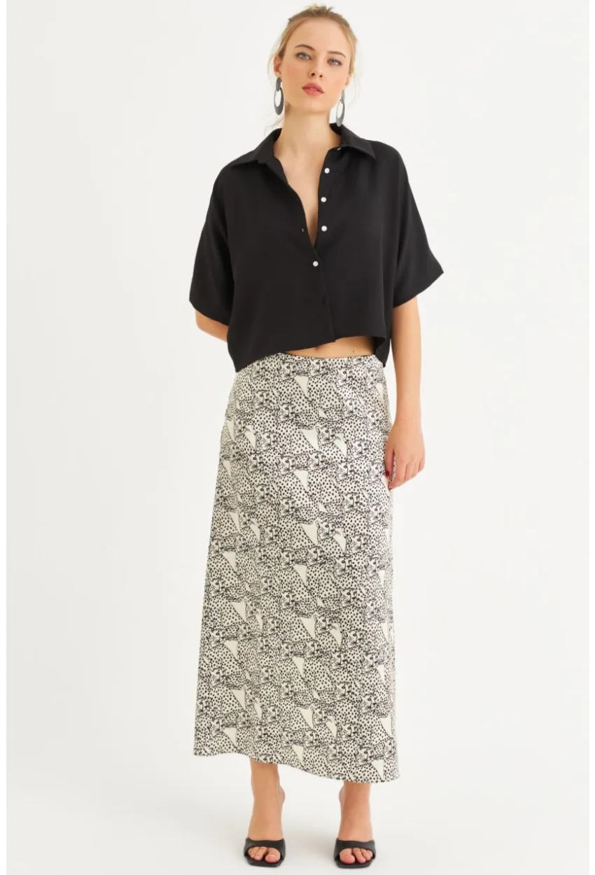 Kadın Siyah-Ekru Saten Midi Etek FİR1970