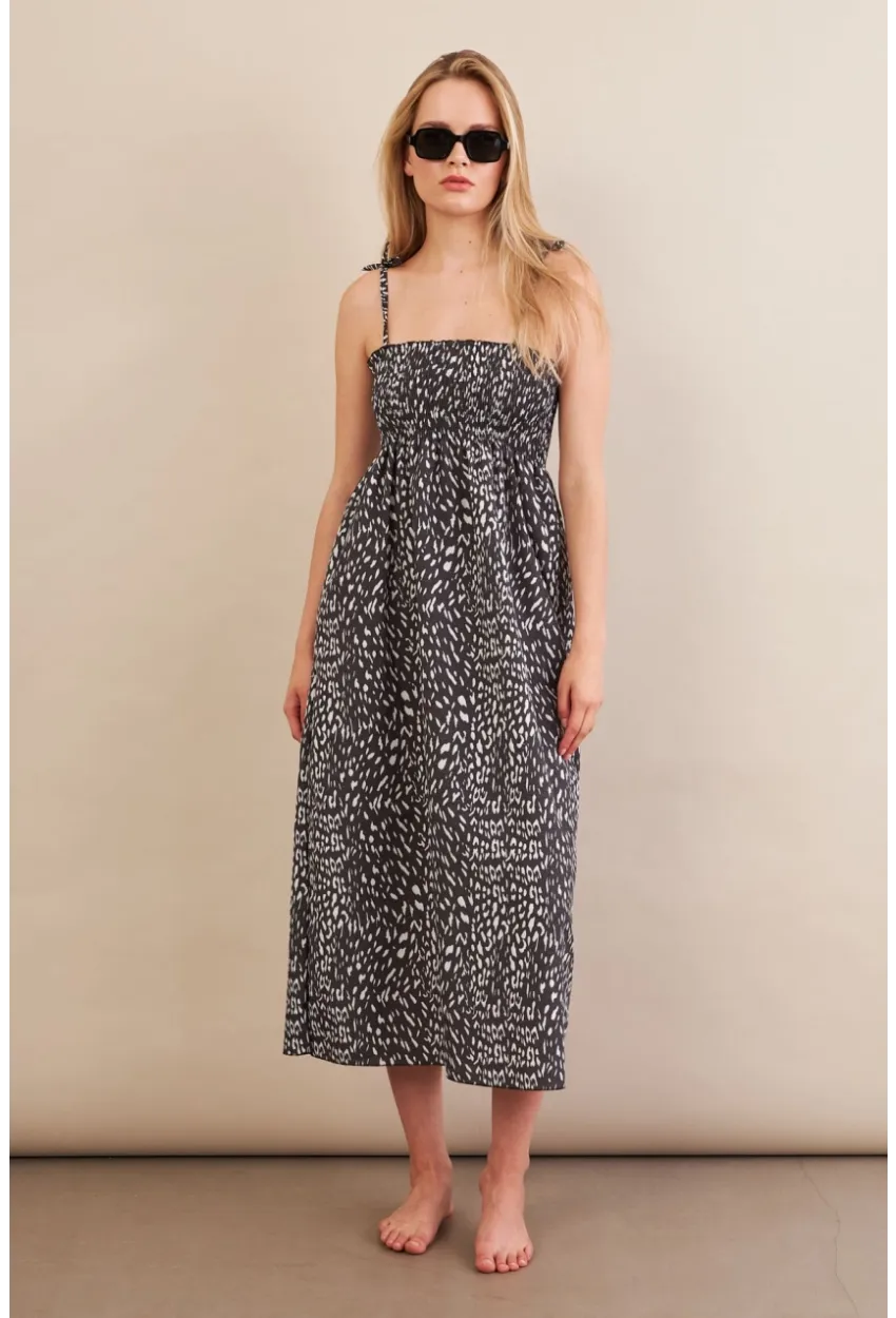 Kadın Siyah-ekru Straplez Çizgili Plaj Elbisesi