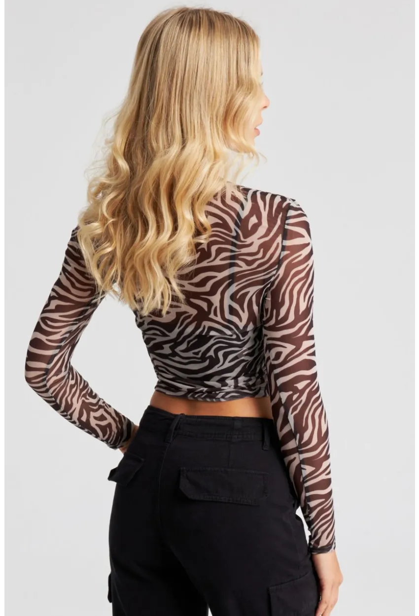 Kadın Siyah-Ekru Zebra Desenli Tül Bluz AYD262