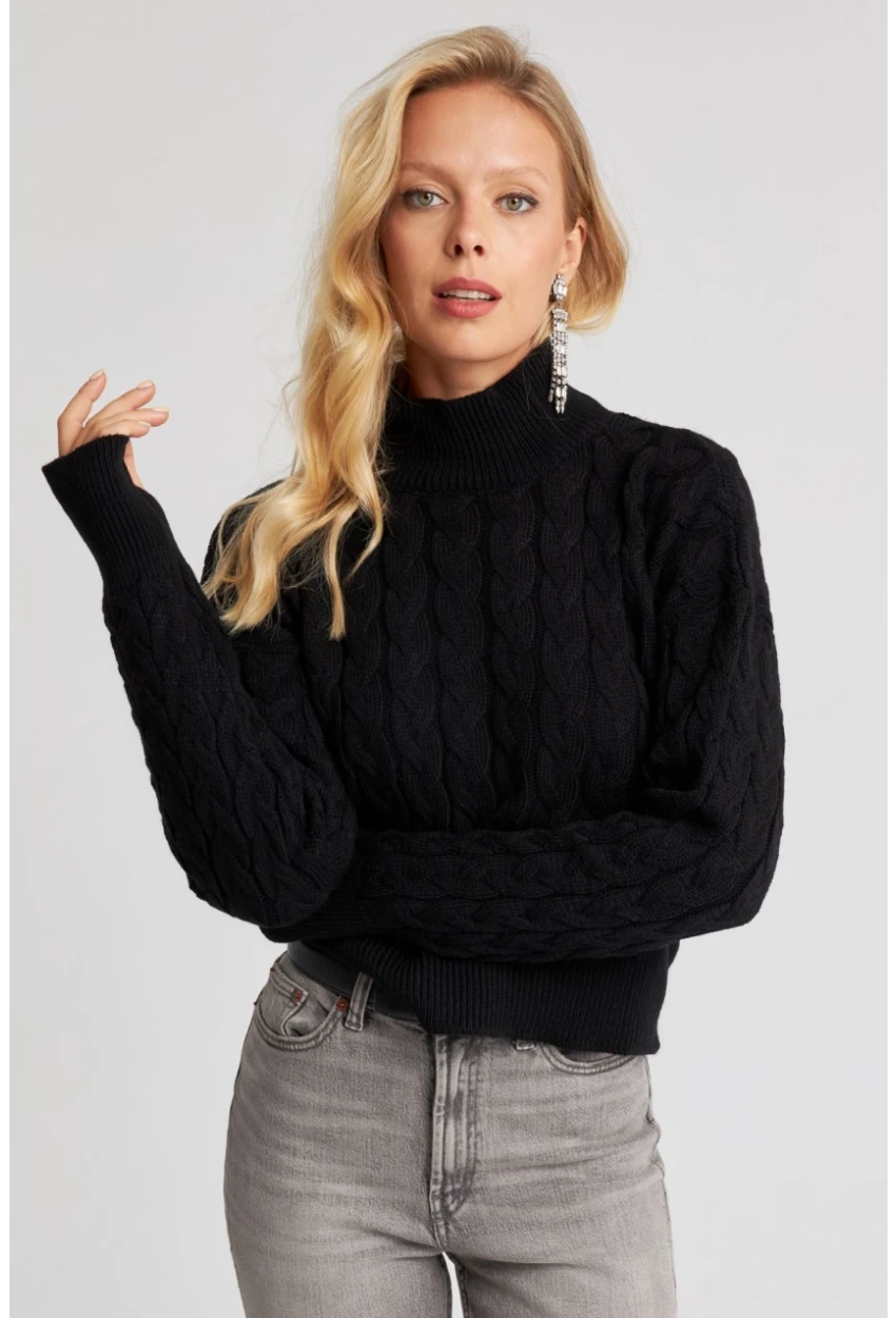 Kadın Siyah Eldivenli Triko Kazak MMİW1318