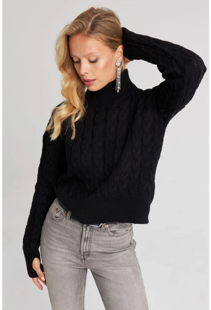 Kadın Siyah Eldivenli Triko Kazak MMİW1318