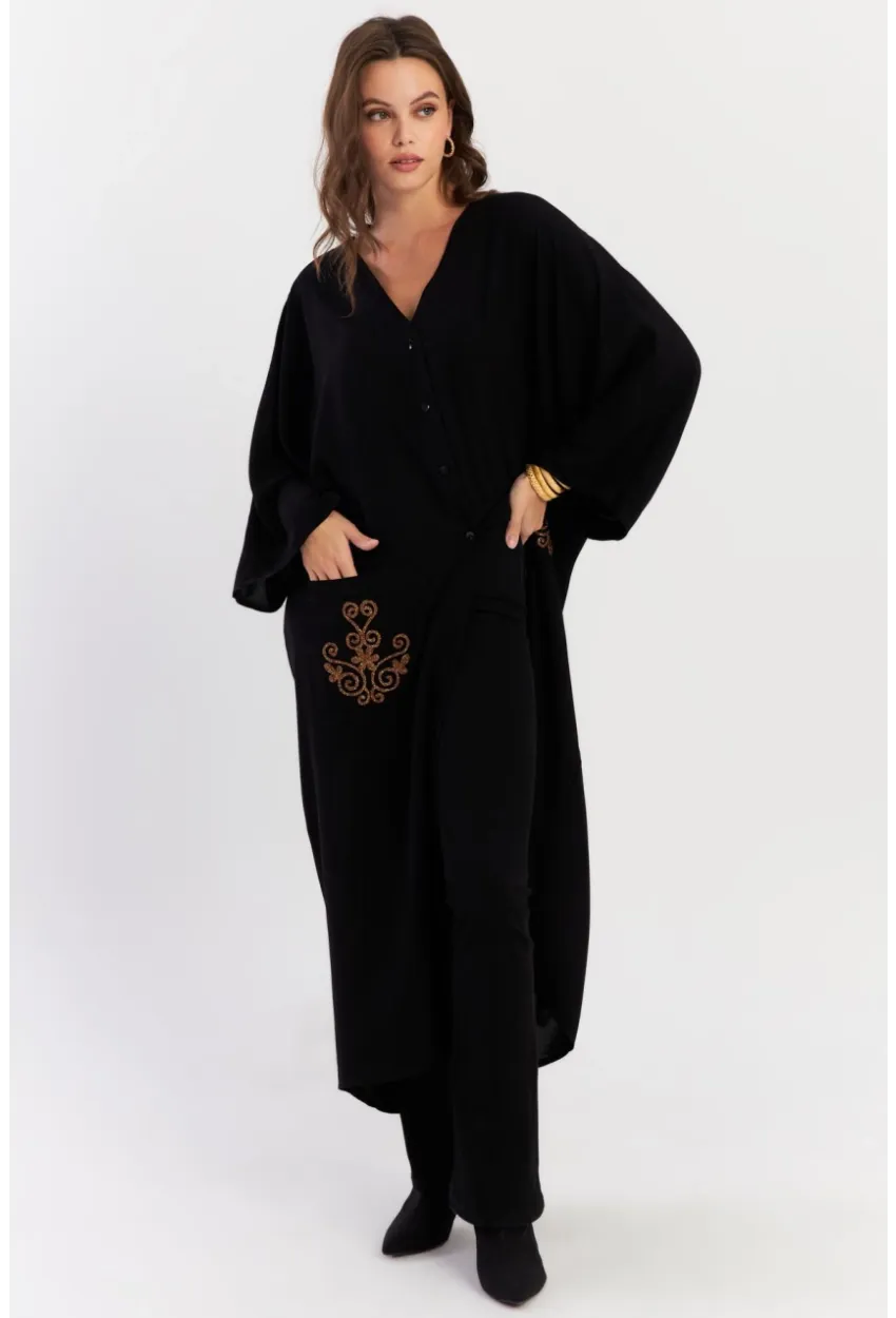 Kadın Siyah Etnik Desenli Maxi Dokuma Elbise ALO318