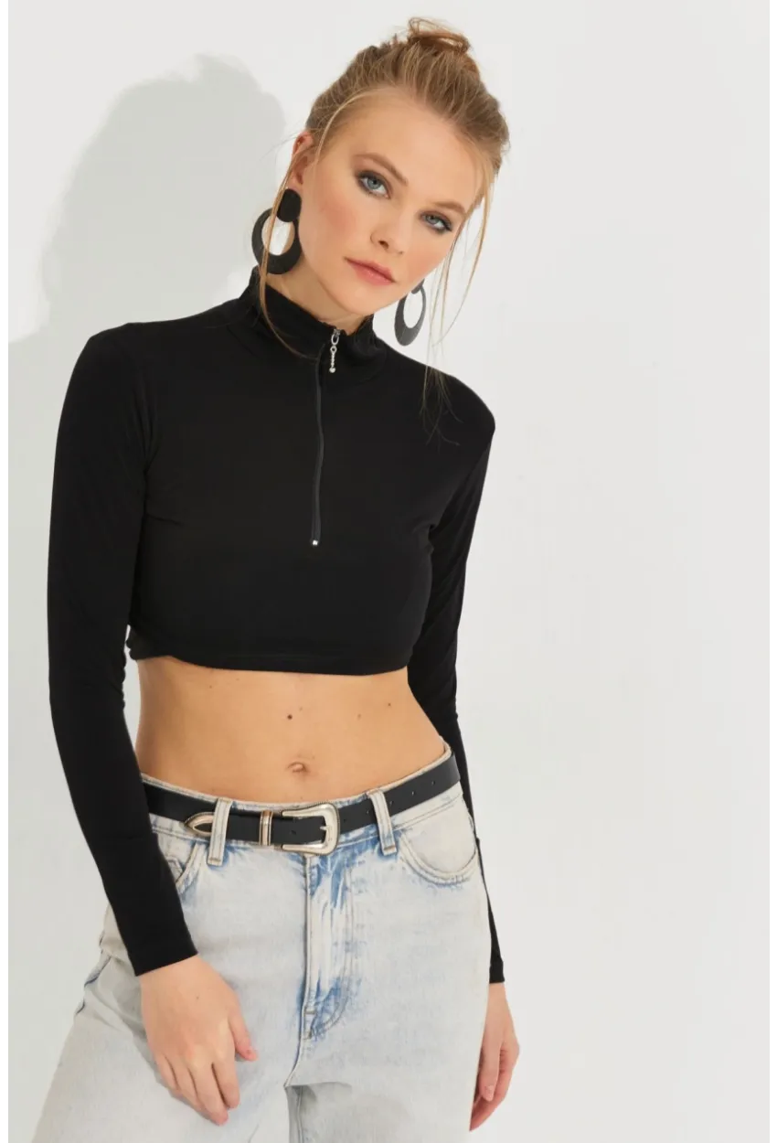 Kadın Siyah Fermuarlı Crop Bluz MEN2020