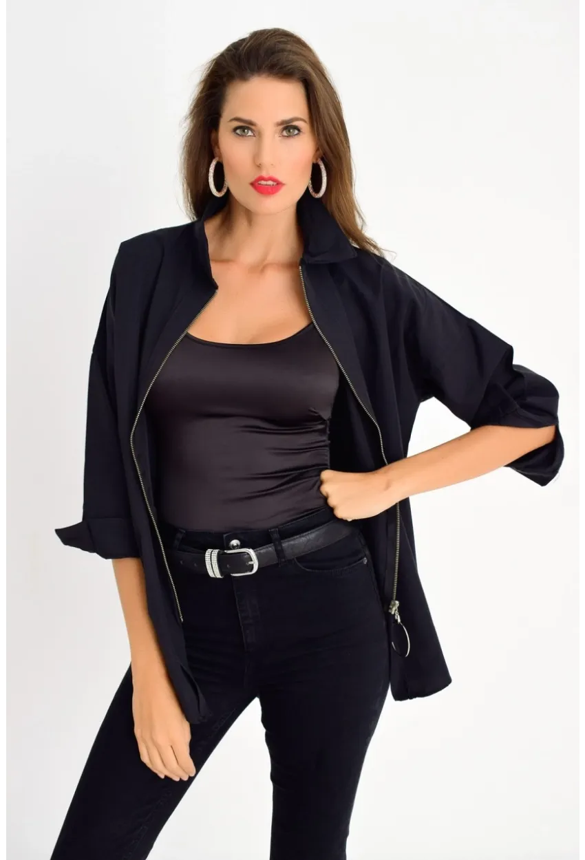 Kadın Siyah Fermuarlı Gömlek DY25580