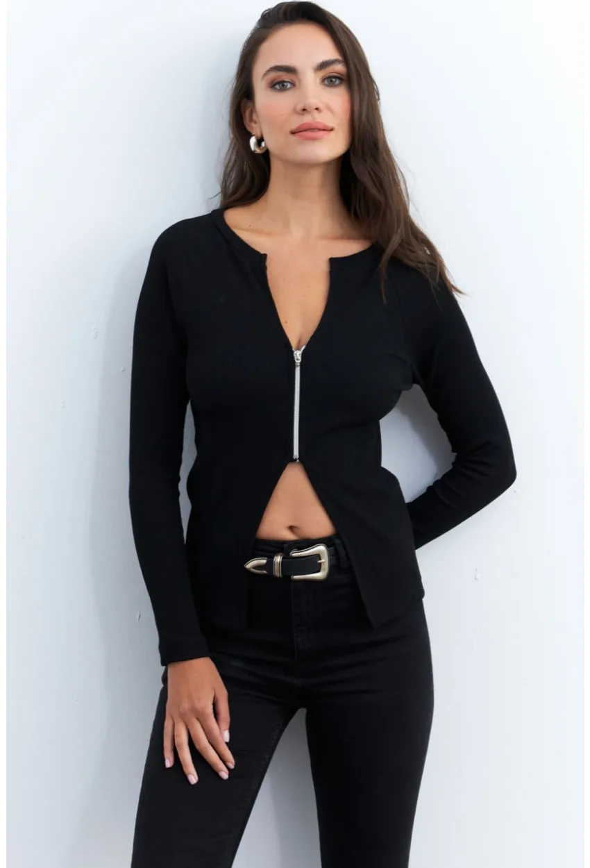 Kadın Siyah Fermuarlı Kaşkorse Bluz EY2954