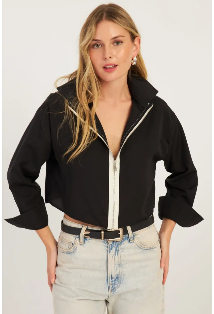 Kadın Siyah Fermuarlı Kısa Gömlek SF2541