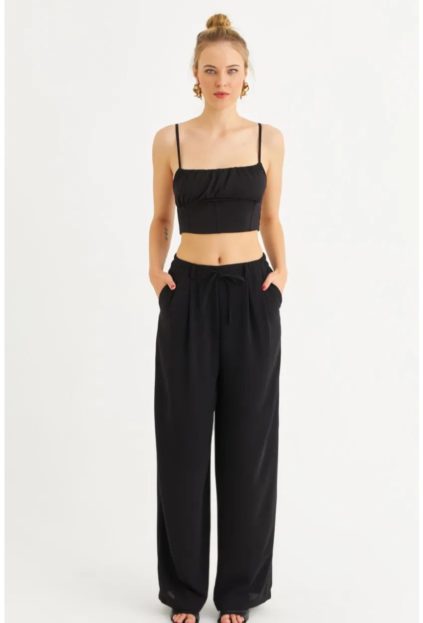 Kadın Siyah Fermuarlı Palazzo Pantolon MON143