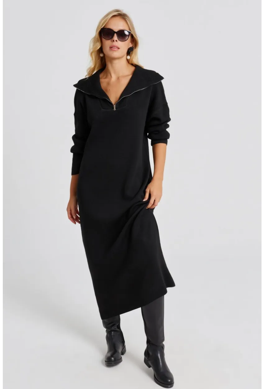 Kadın Siyah Fermuarlı Triko Maxi Elbise SF2525