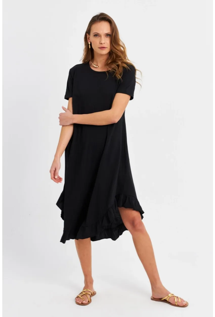 Kadın Siyah Fırfırlı Basic Elbise MALB5005