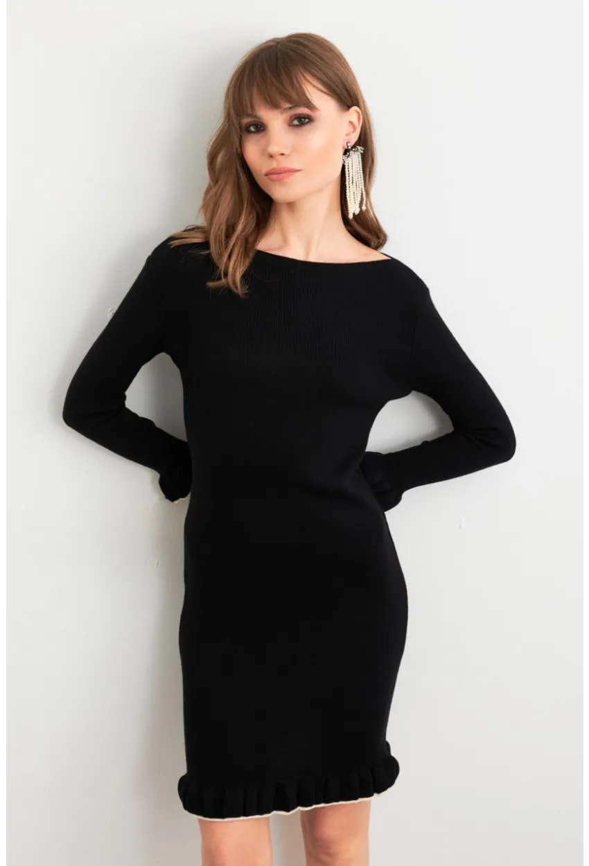 Kadın Siyah Fırfırlı Basic Triko Midi Elbise SF2559