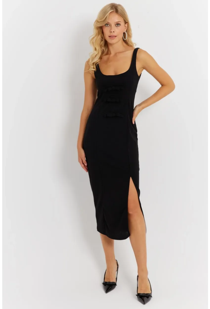 Kadın Siyah Fiyonk Detaylı Yırtmaçlı Midi Elbise KED4283