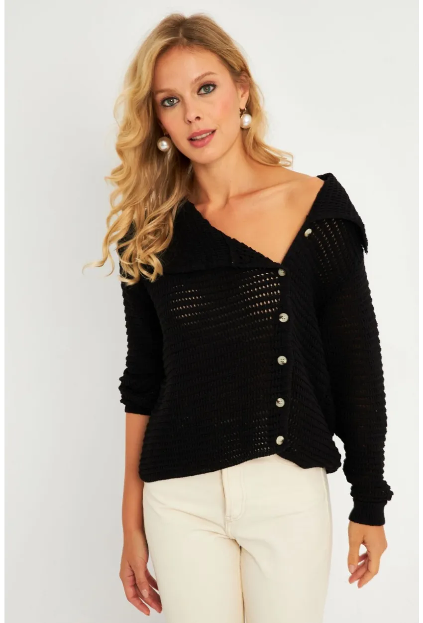 Kadın Siyah Geniş Yakalı Triko Hırka MİW4571