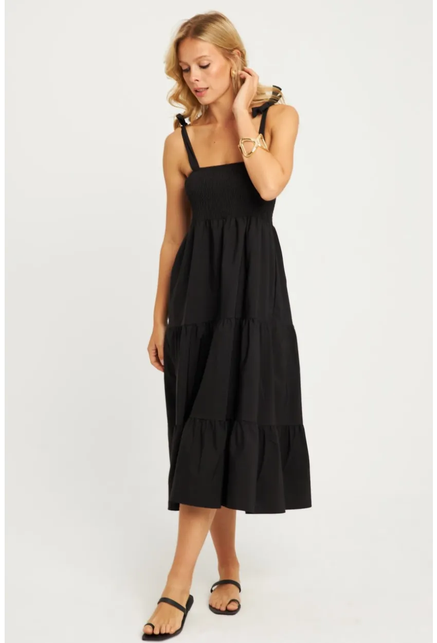 Kadın Siyah Gipeli Volanlı Midi Elbise SGT407