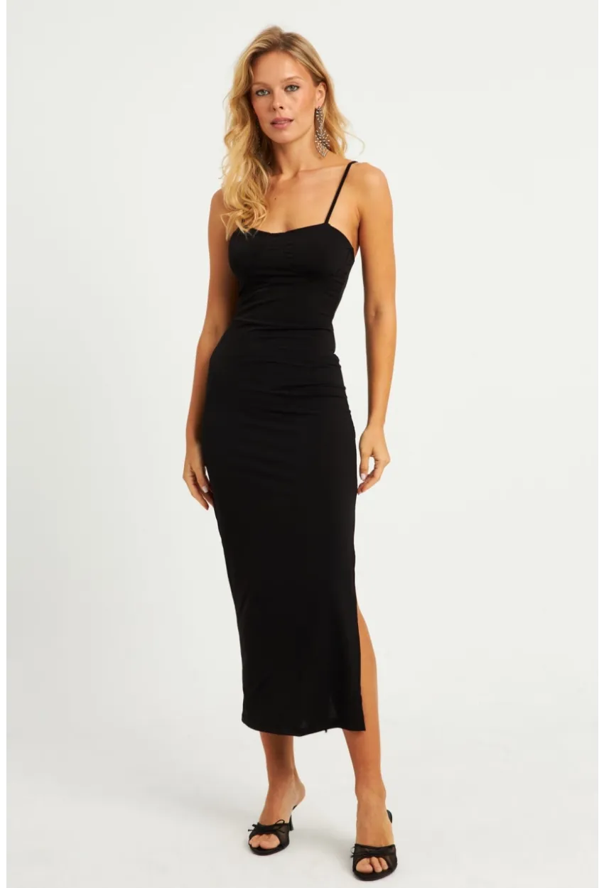 Kadın Siyah Gloplu Askılı Midi Elbise DMR145