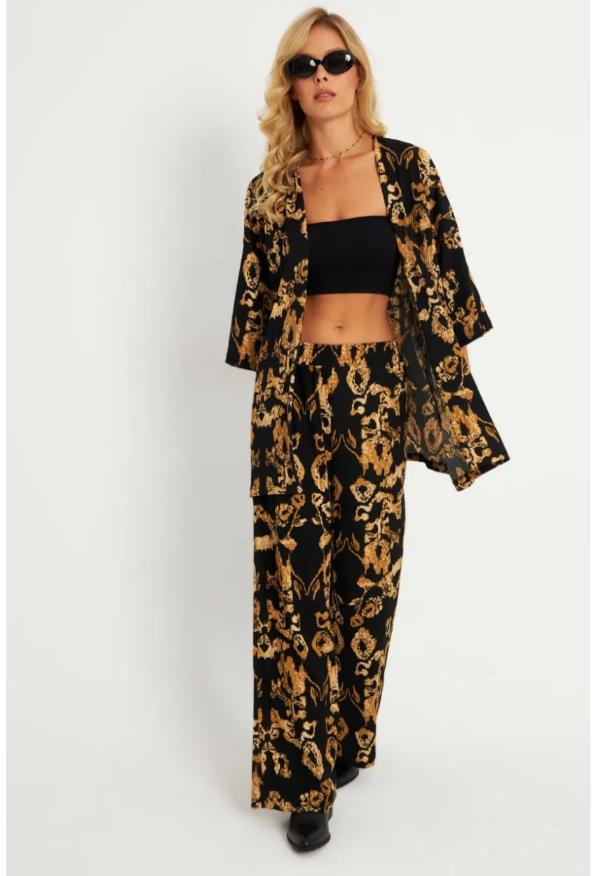 Kadın Siyah-Gold Desenli Bürümcük Alt Üst  Takım LON3004