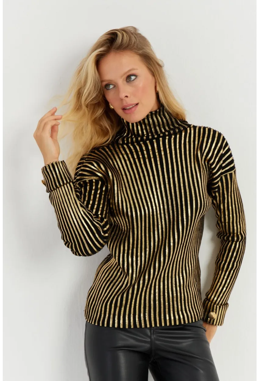 Kadın Siyah-Gold Düğme Detaylı Varaklı Triko Kazak SF2532