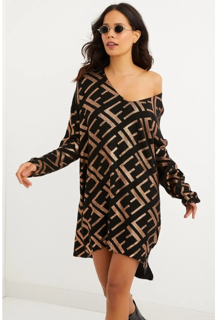 Kadın Siyah-Gold Varaklı Triko Tunik Elbise TD122