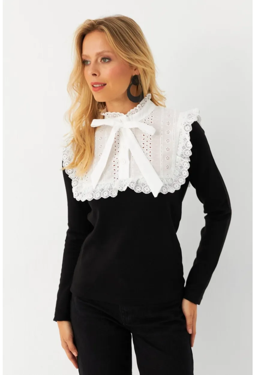 Kadın Siyah Gömlek Bloklu Triko Bluz MQS2117