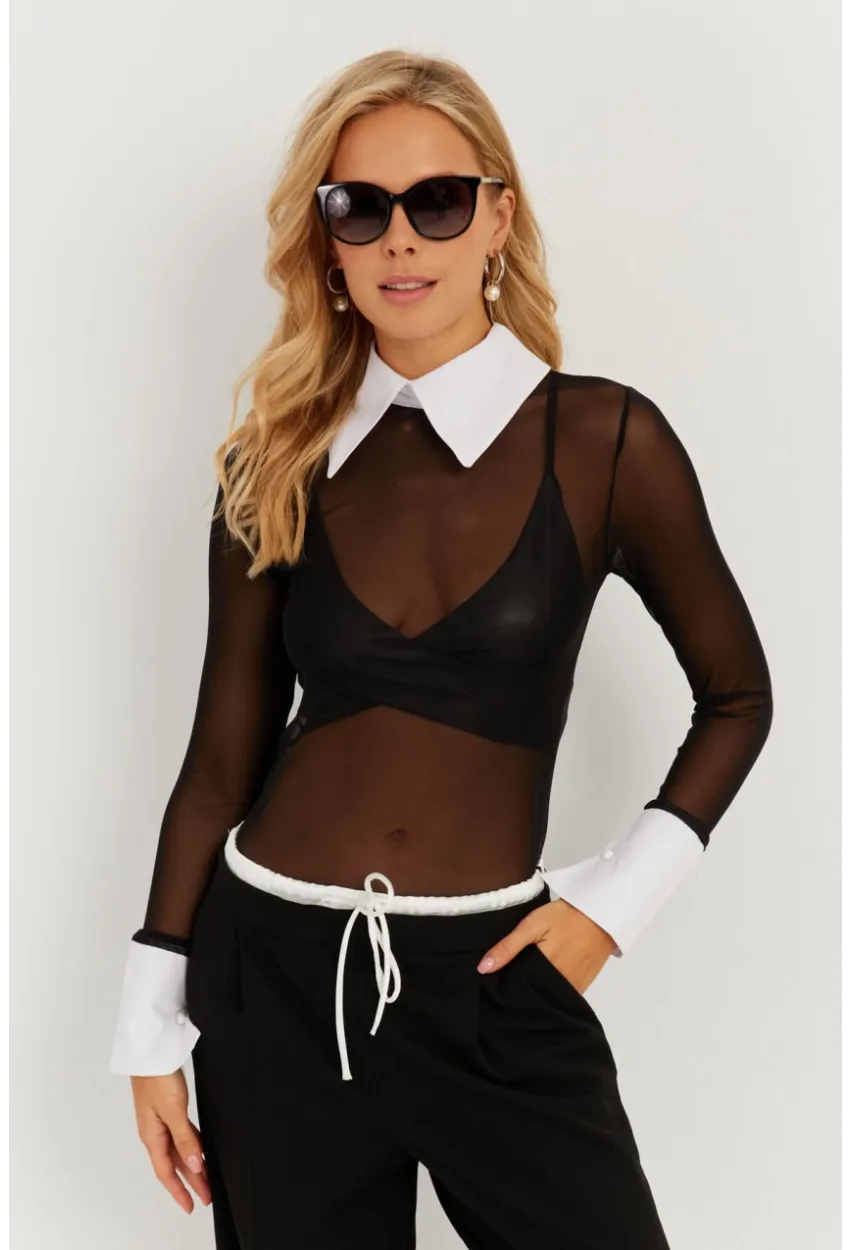 Kadın Siyah Gömlek Yaka Tül Bluz MEN2033