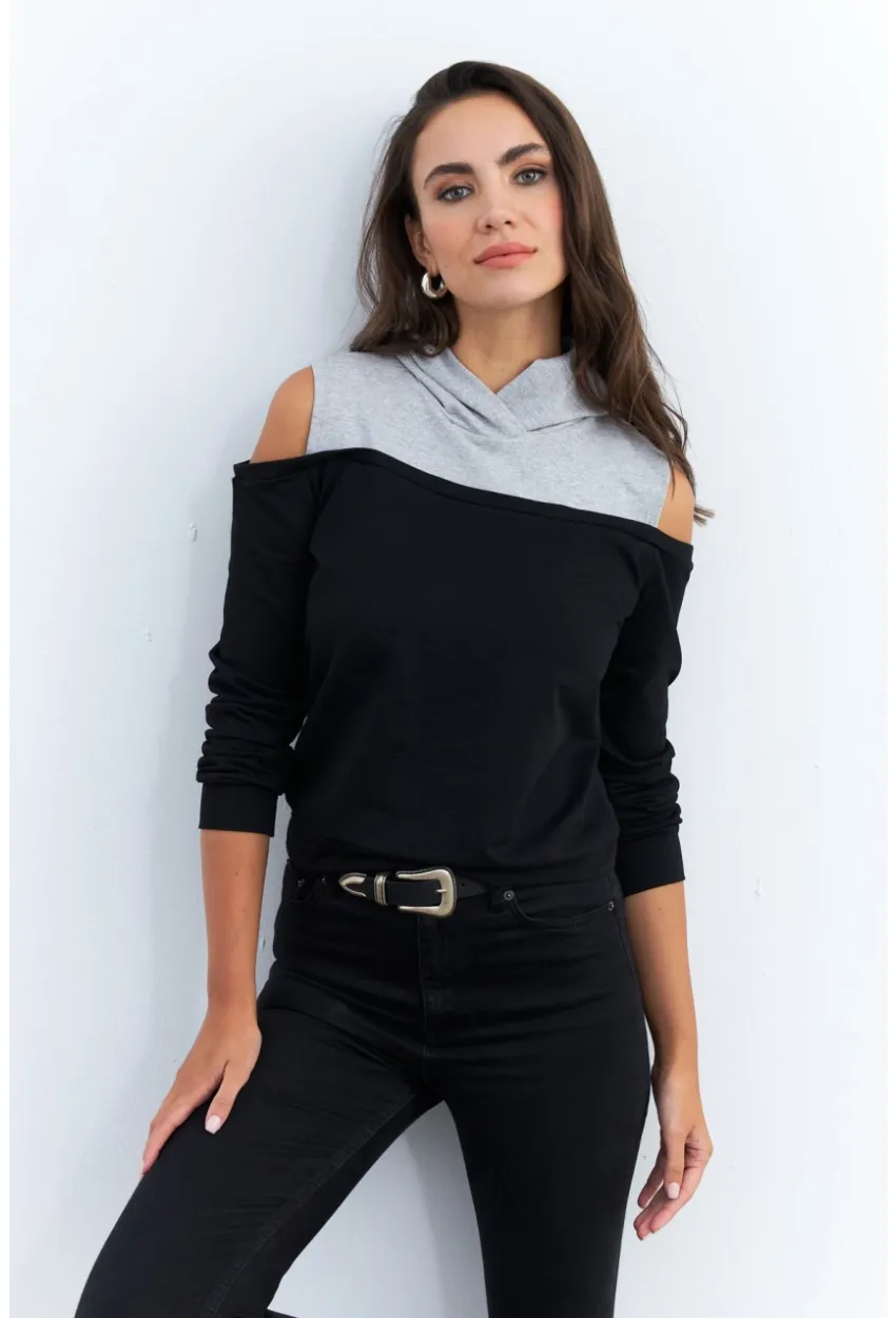 Kadın Siyah-Gri Omuzları Açık Sweatshirt TF15
