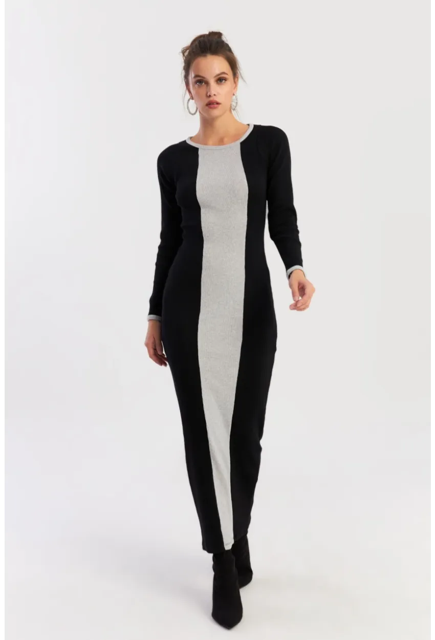 Kadın Siyah-Grı Renk Bloklu Kaşkorse Maxi Elbise XL403