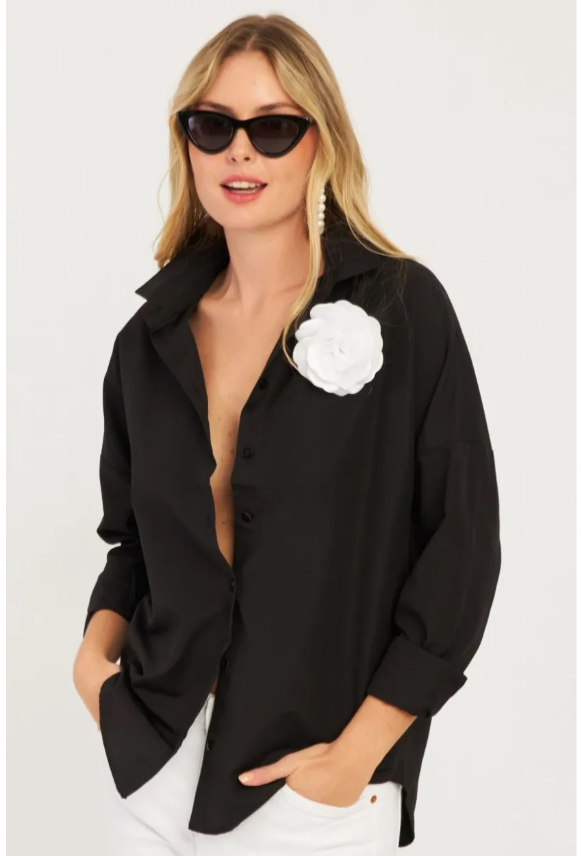 Kadın Siyah Gül Aksesuarlı Gömlek SF2540