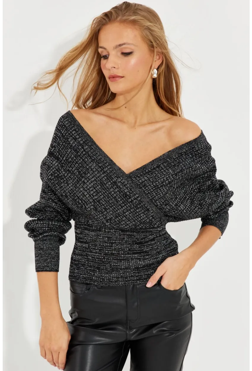 Kadın Siyah-Gümüş Kruvaze Simli Kazak KED125