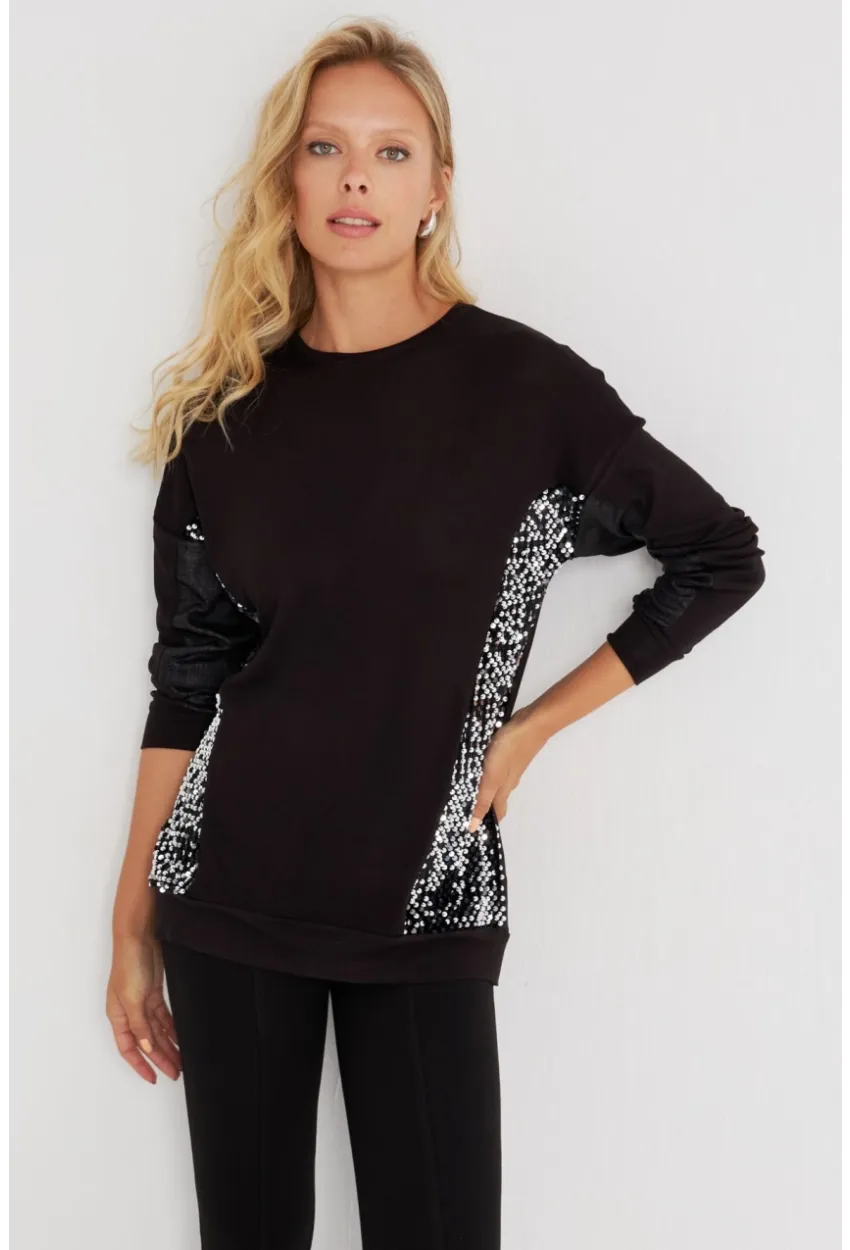 Kadın Siyah-Gümüş Payetli Uzun Bluz ST3124