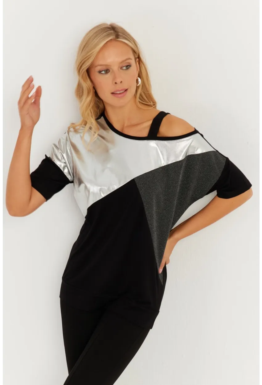 Kadın Siyah-Gümüş Suni Deri Bloklu Bluz ST834